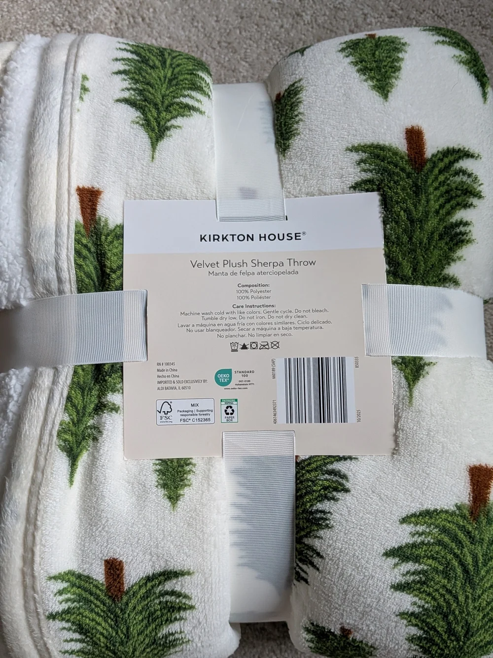 Kirkton House White Velvet Plush Sherpa Throw with Green Tree Motif